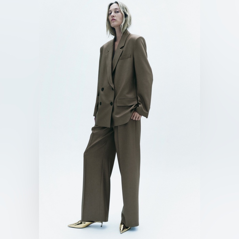 Zara RARE Straight Cut Pleated Pants with Pockets‎ In Khaki Size L - Picture 2 of 11